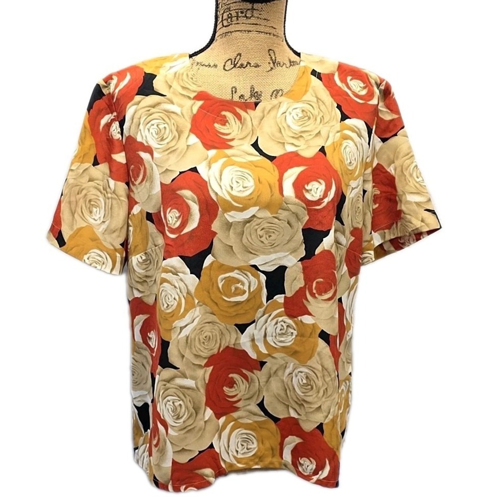 Vintage Kathy Che Rose Print‎ Blouse Floral Top Short Slv Beige Red Granny sz M